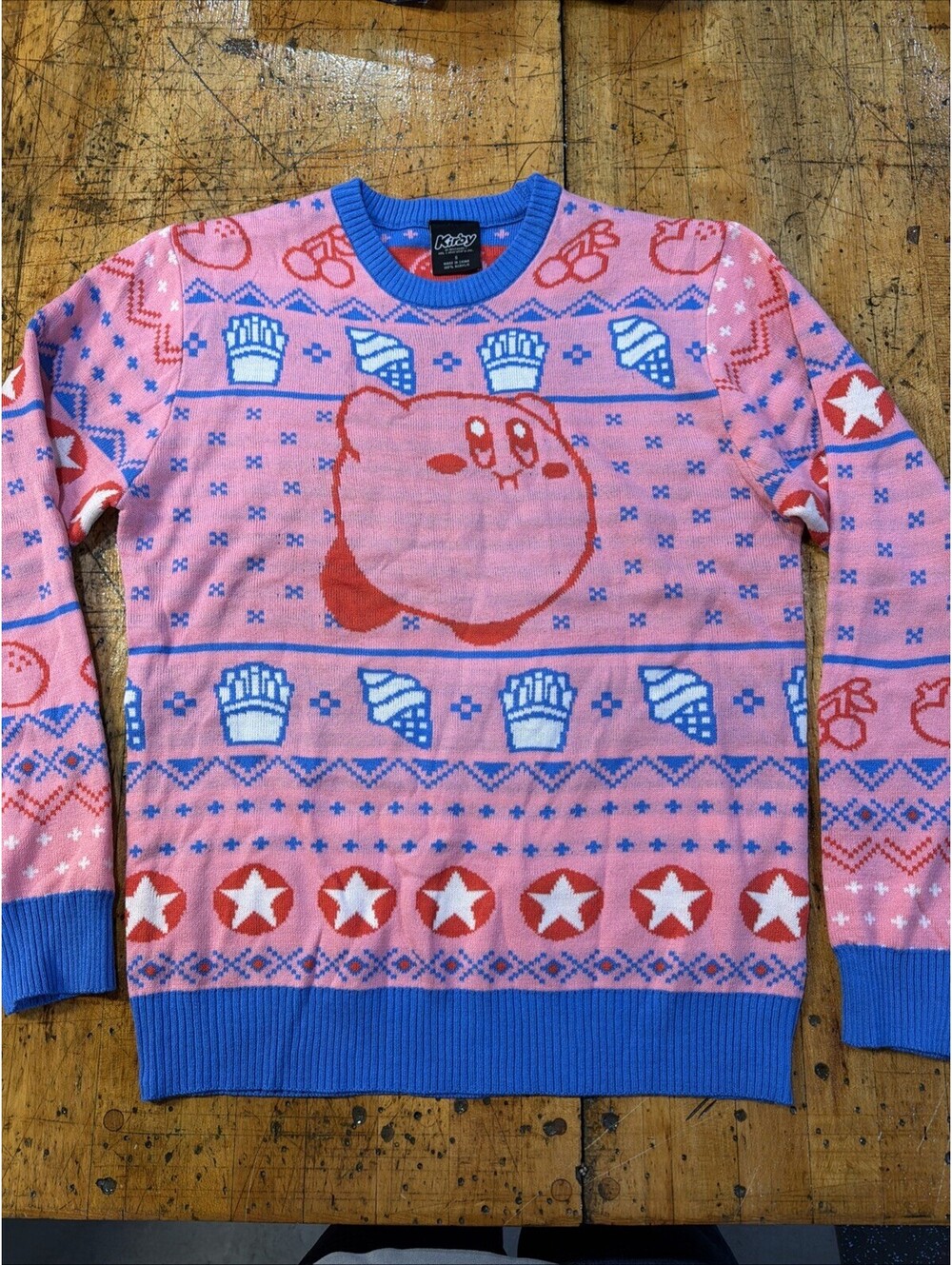 Kirby Nintendo Graphic Knit Pullover Sweater Mens S Crew Neck Acrylic Pink/Blue
